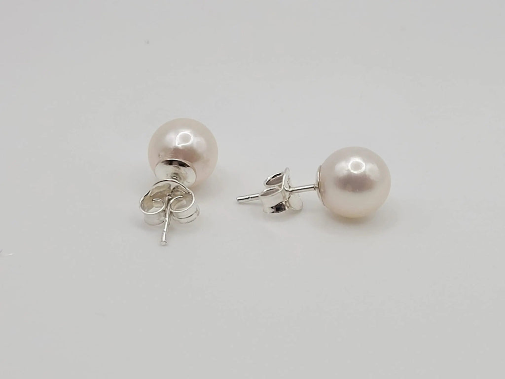 Akoya pearl studs side view 7-9mm — .925 sterling silver