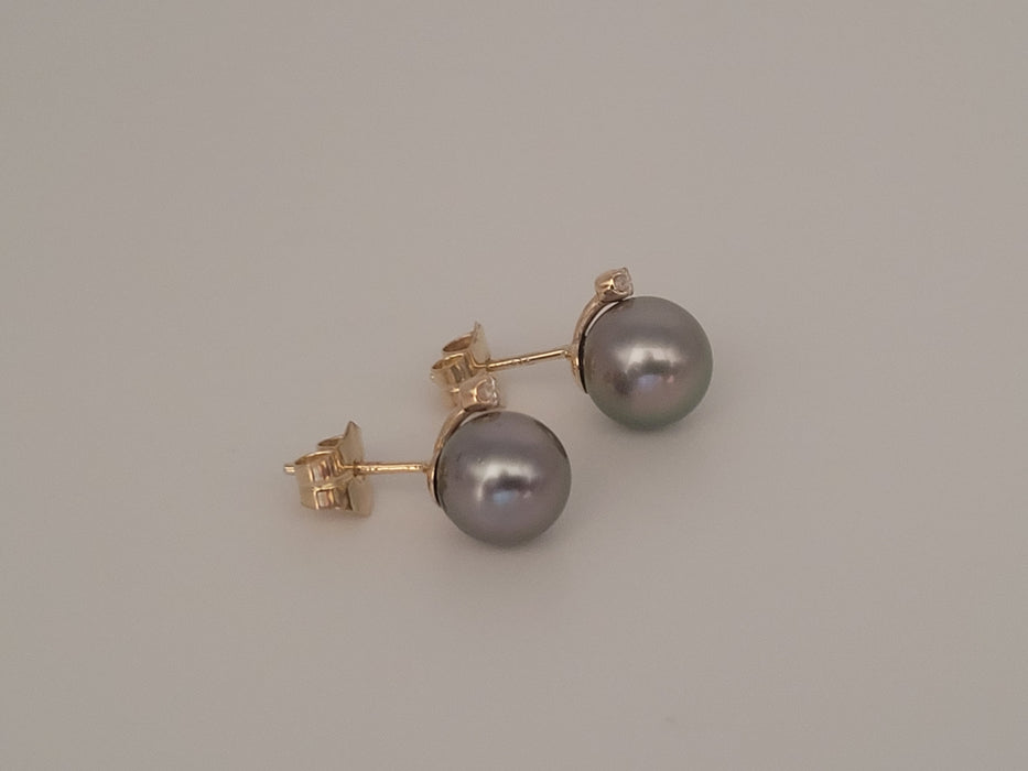 Boucles d'oreilles tiges perles de Tahiti 9 mm AAA, diamants, or massif 18 carats