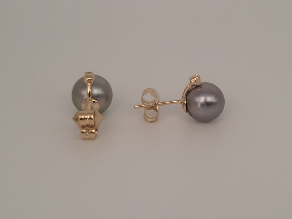 Stud Earrings Tahiti Pearls 9 mm AAA, Diamonds, 18K Solid Gold