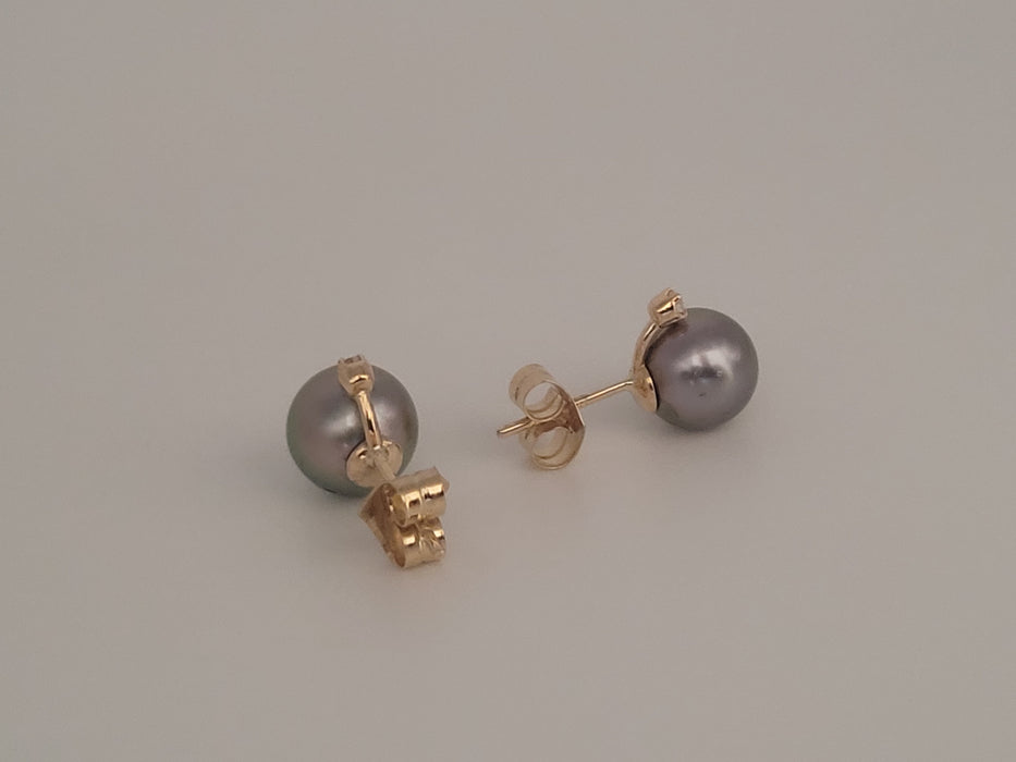 Boucles d'oreilles tiges perles de Tahiti 9 mm AAA, diamants, or massif 18 carats