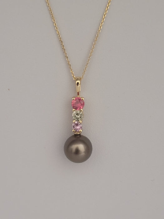 Tahiti Pearl Pendant, Natural Color Sapphires and 18K Solid Gold