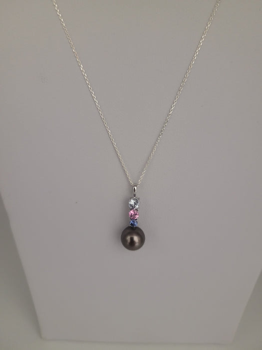 Tahiti Pearl 9-10 mm and Natural Sapphires, 18K Gold Pendant