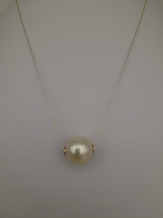 Golden South Sea Pearl Floating Pendant Necklace 13 mm Round 18K Gold