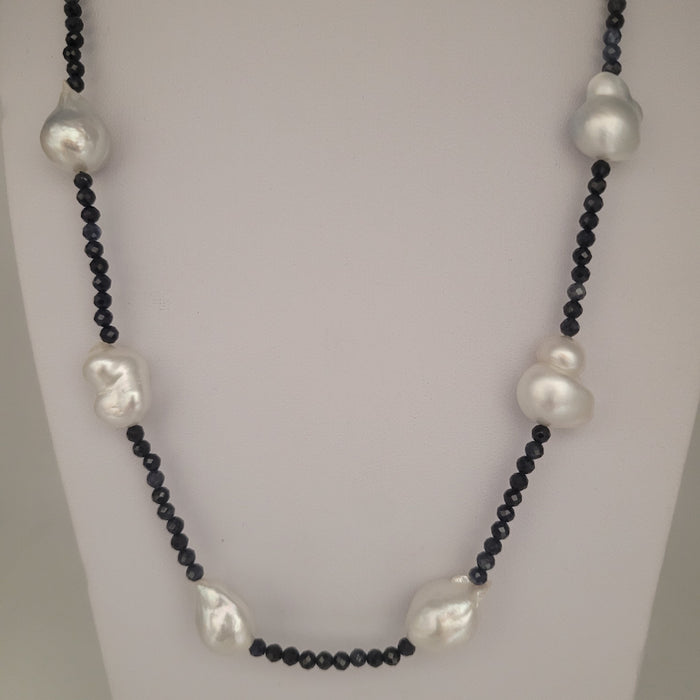 South Sea Baroque Pearl and Sapphire Necklace with 18K Gold Clasp – 42 cm