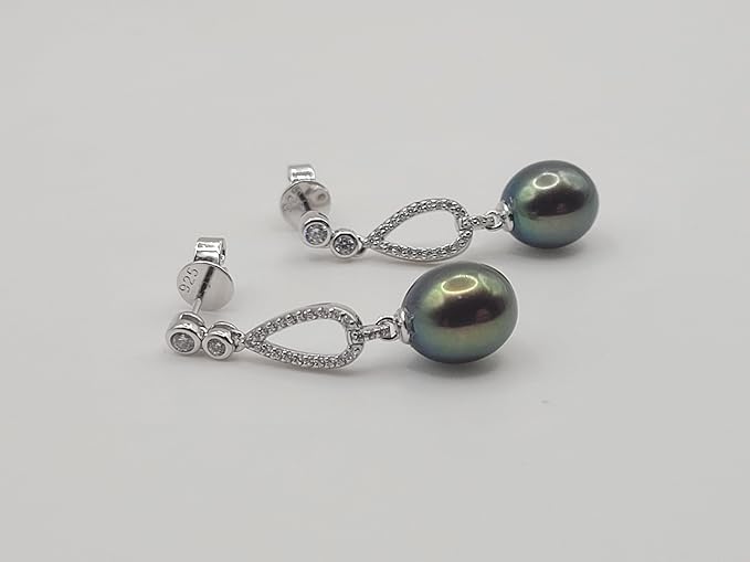 Cultured Pearl Tear-Drop 8 mm Black Color AAA 925 Silver Earrings