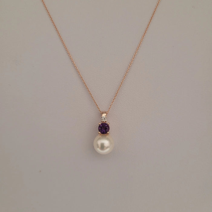 Akoya Cultured Pearl, Diamond and Amethyst, 18K Rose Gold necklace |  The South Sea Pearl |  The South Sea Pearl