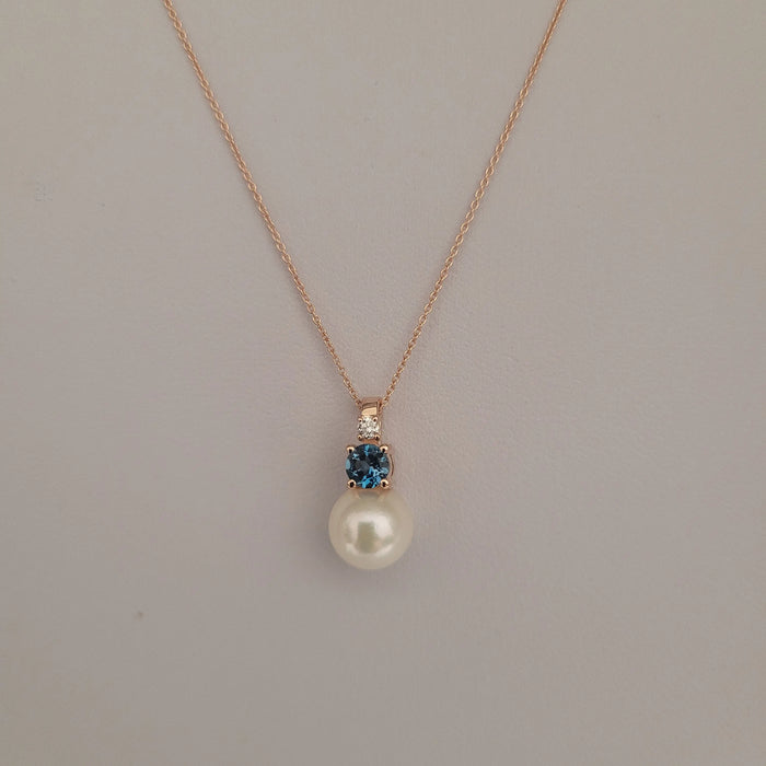 Akoya Cultured Pearl, Diamond, London Blue Topaz, 18K Rose Gold Pendant Necklace |  The South Sea Pearl |  The South Sea Pearl