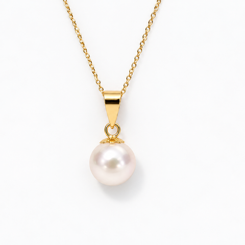 Akoya Pearl Pendant, Round AAA 18 Karats Solid Gold, Pendant Necklace
