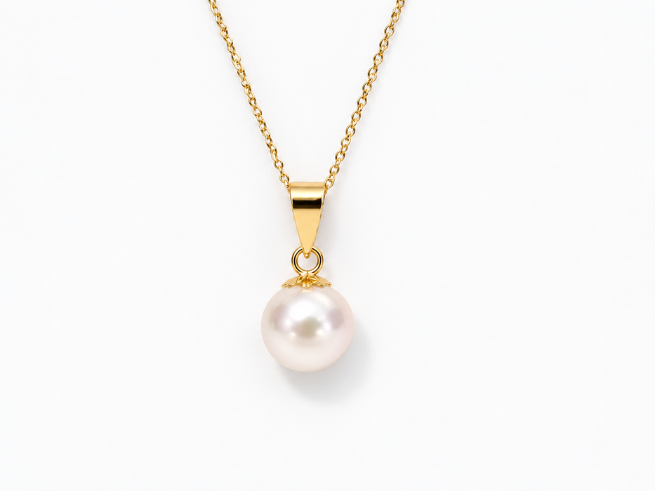 Akoya-parel hangerketting, 9 mm, rond, gouden kleur, glans, AAA (kwekersgradering), in 18-karaats goud