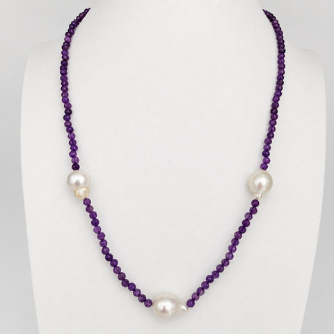 South Sea Pearls & Amethyst Precious Stones, 18K Gold Clasp Necklace