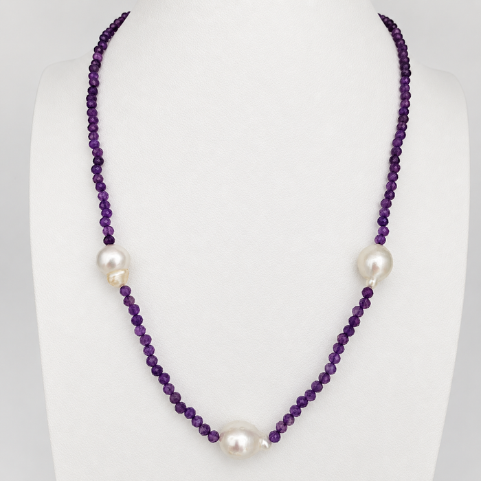 South Sea Pearls & Amethyst Precious Stones, 18K Gold Clasp Necklace