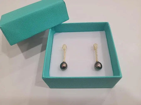 Cultured Pearl Earrings Tear-Drop Shape 8 mm AAA Black Color | The South Sea Pearl |  The South Sea Pearl