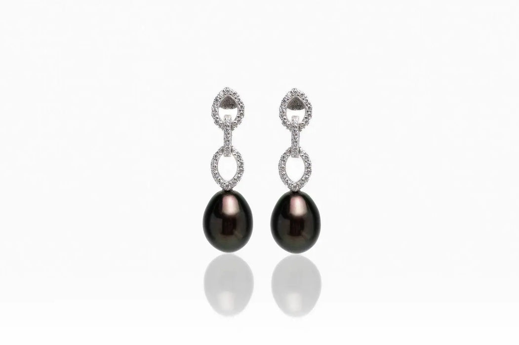 Cultured Pearl Tear-Drop 8 mm Black Color AAA 925 Silver Earrings | The South Sea Pearl |  The South Sea Pearl