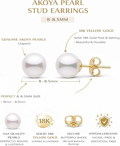Akoya Pearl Stud Earrings from Japan, 18K Solid Gold, 7.5-9 mm