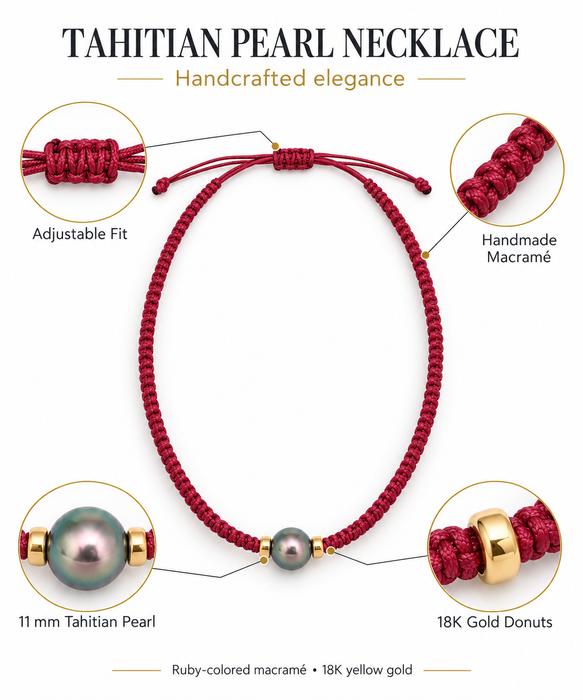 Tahiti Pearl 11-12 mm Necklace & Gold Donuts, Handmade in Macramé,