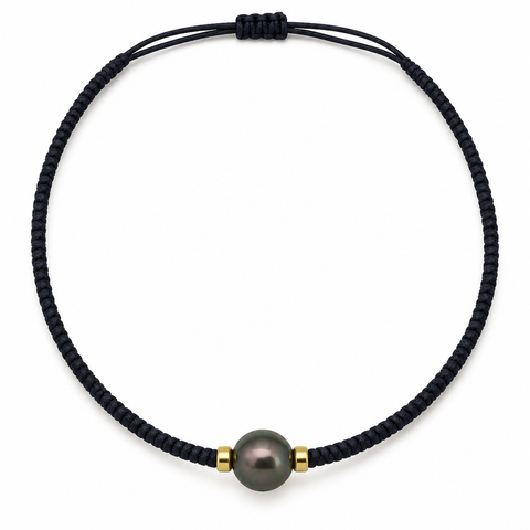 Tahiti Pearl 11 mm Necklace, Macramé and Gold, Handmade,