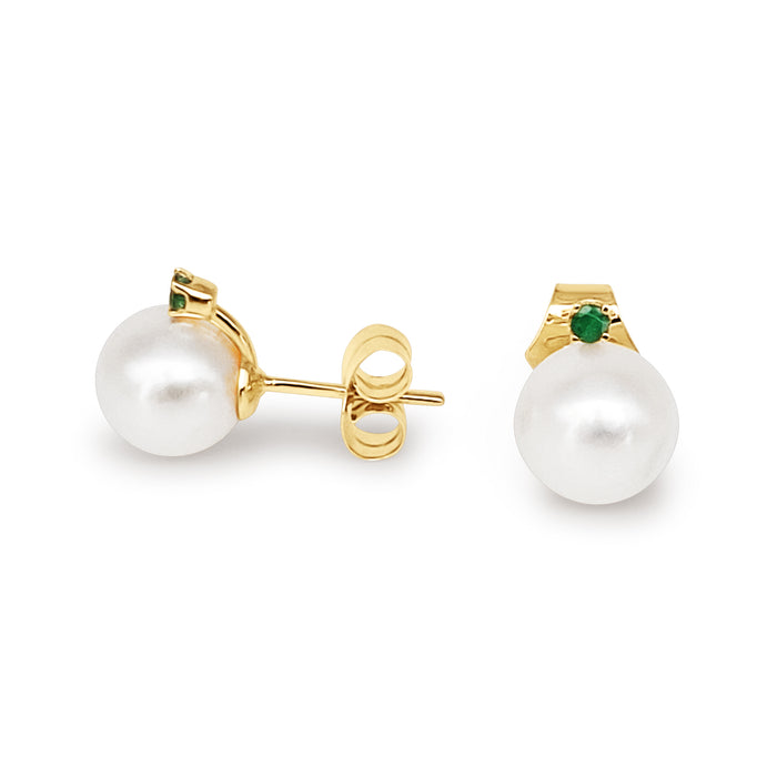Akoya Cultured Pearl 8-8.5 mm AAA Yellow Gold 9K and Emeralds Precious Stones