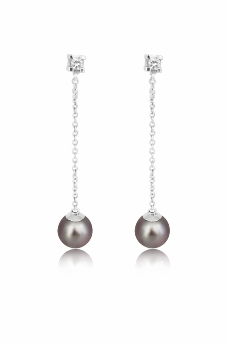 Earrings of Tahiti Pearls AAA, Diamonds 0.20 Carats, White Solid Gold 18K