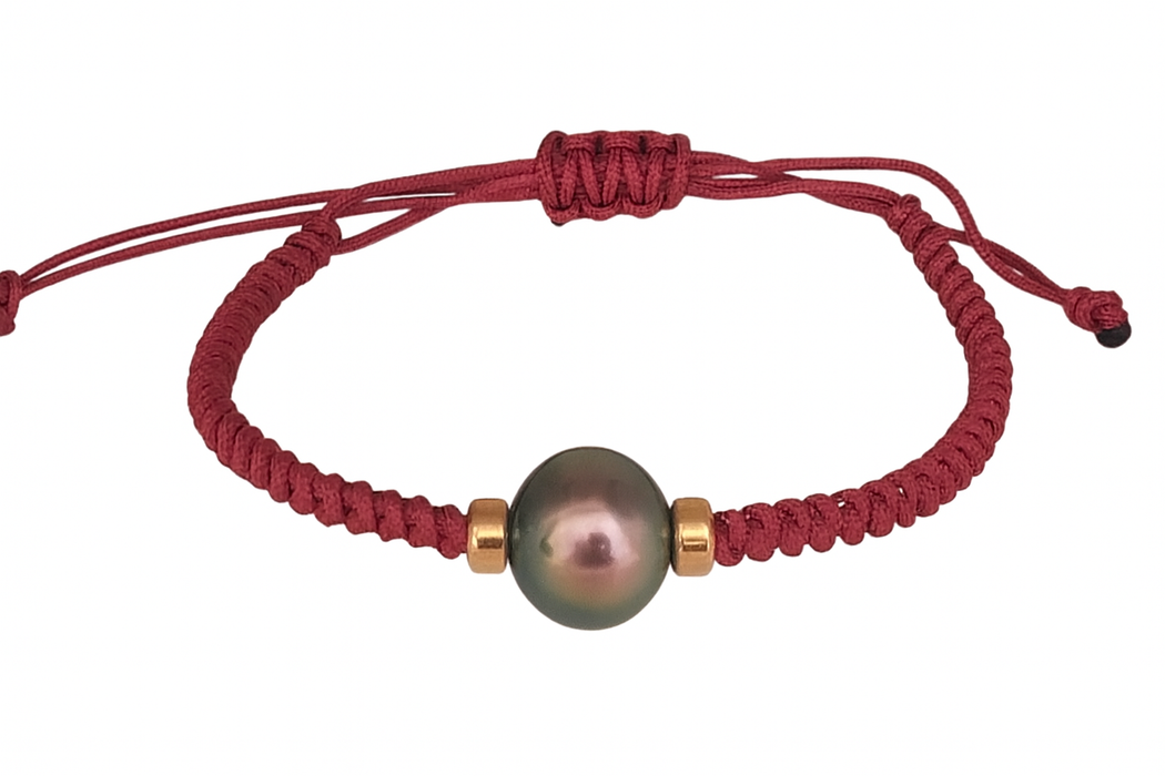 Tahiti Pearl Bracelet 11-12mm – Adjustable Red Cord with 18K Yellow Gold Beads – Genuine Tahitian Cultured Pearl Jewelry for Women”