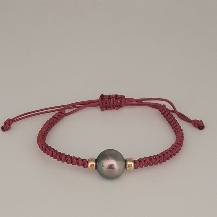 Tahiti Pearl Bracelet 11-12mm – Adjustable Red Cord with 18K Yellow Gold Beads – Genuine Tahitian Cultured Pearl Jewelry for Women”