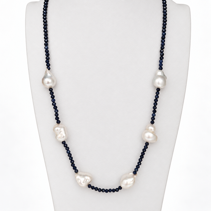 South Sea Baroque Pearl and Sapphire Necklace with 18K Gold Clasp – 42 cm