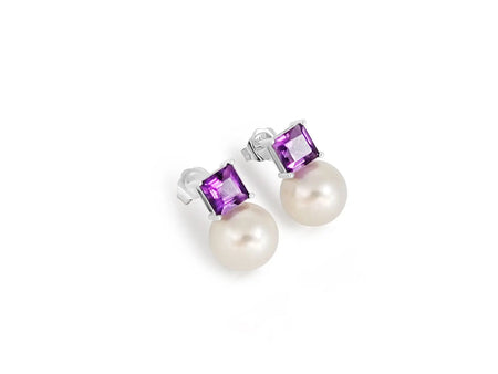 South Sea Pearl and Precious Stones Amethyst, 18K White Gold Stud Earrings | The South Sea Pearl |  The South Sea Pearl
