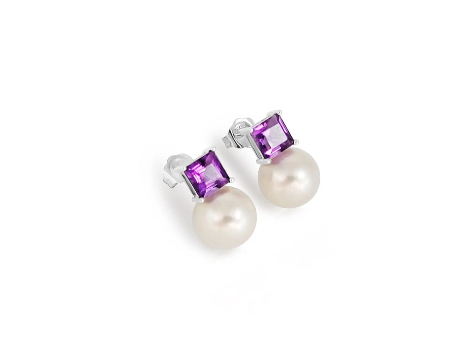South Sea Pearl and Precious Stones Amethyst, 18K White Gold Stud Earrings | The South Sea Pearl |  The South Sea Pearl