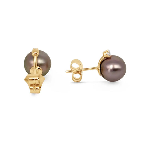 Dark Tahitian cultured pearl earrings 9mm round in 18K Gold (Pinctada margaritifera) — The South Sea Pearl