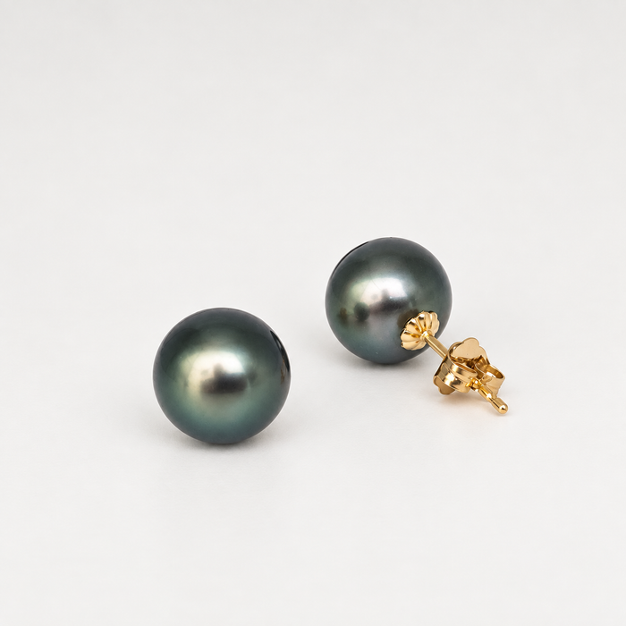 Tahiti-Perlen-Ohrstecker 10,3 mm, AAA, 18-karätiges Massivgold