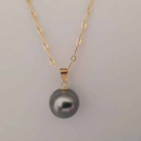 Tahiti Pearl Round Shape 15 mm Dark Color Pendant Necklace | The South Sea Pearl |  The South Sea Pearl