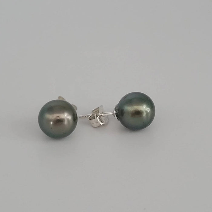 Tahiti Pearl Earrings round 10 mm dark natural color 18K Gold