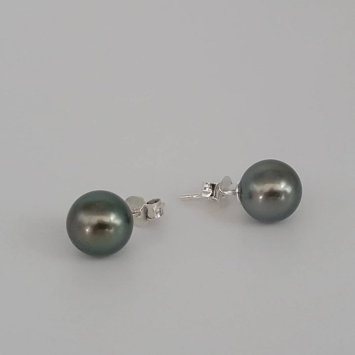 Boucles d'oreilles Perle de Tahiti ronde 10 mm couleur naturelle foncée Or 18 carats