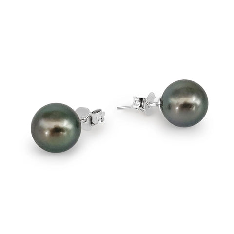 Tahitian pearl studs 9-11mm on model — .925 sterling silver (Pinctada margaritifera)