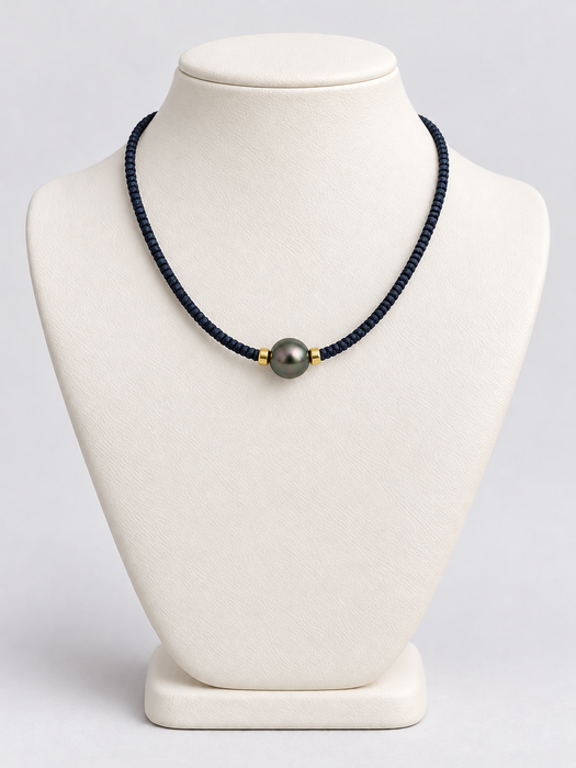 Tahiti Pearl 11 mm Necklace, Macramé and Gold, Handmade,