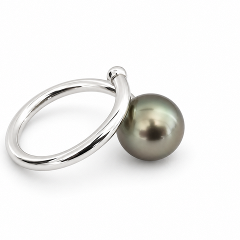Anello con perla di Tahiti 10 mm tonda, argento 925 regolabile