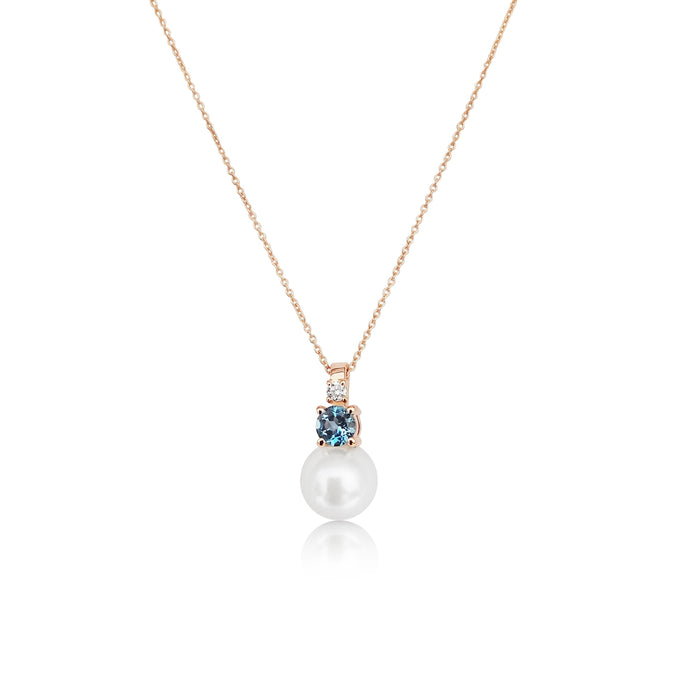 Akoya Cultured Pearl, Diamond, London Blue Topaz 18K Rose Gold necklace - MIMUKA