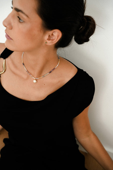 Collar Colgante Perla Cultivada 12 mm y Piedras Preciosas Fluorite, Oro 18K - MIMUKA