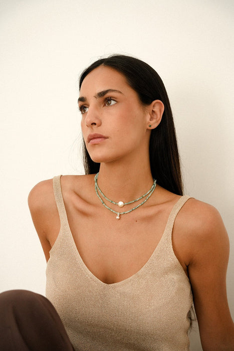 Collar de Esmeraldas con Perla Cultivada, Piedras Preciosas Redondas Talladas, Cierre de Oro 18K - MIMUKA
