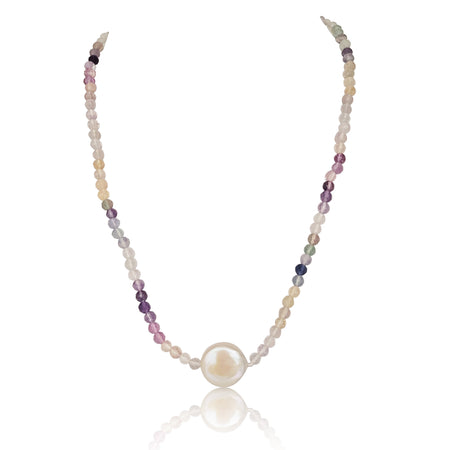 Collar de Perla Cultivada 12 mm, Fluorita, Piedras Preciosas 3 mm Redondas, Oro 18K, 42 cm - MIMUKA