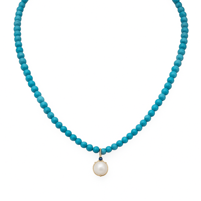 Collar de Perla Cultivada Australiana 8mm, Turquesas 5 - 6 mm, Topacio Azul, Oro Amarillo 18K, 40cm - MIMUKA