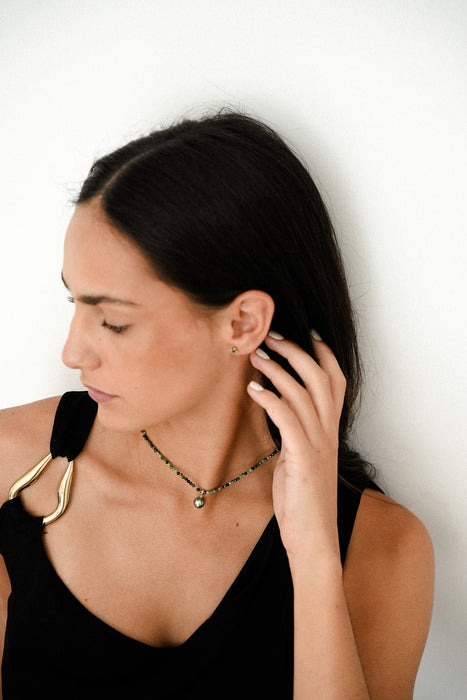 Collar de Perla Tahití y Esmeralda, Piedras Preciosas Epidote 3 mm redondas talladas, Oro Amarillo 18K - MIMUKA