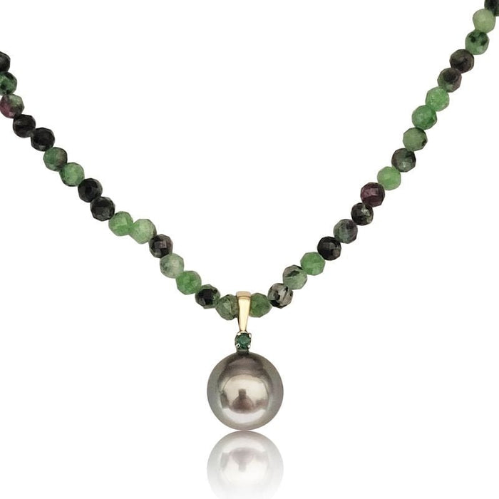 Collar de Perla Tahití y Esmeralda, Piedras Preciosas Epidote 3 mm redondas talladas, Oro Amarillo 18K - MIMUKA
