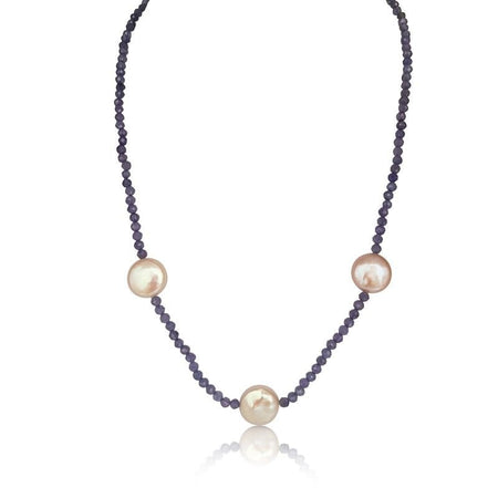 Collar de Tanzanita de 3 mm redonda tallada con Perlas Cultivadas, Cierre de Oro 18K - MIMUKA