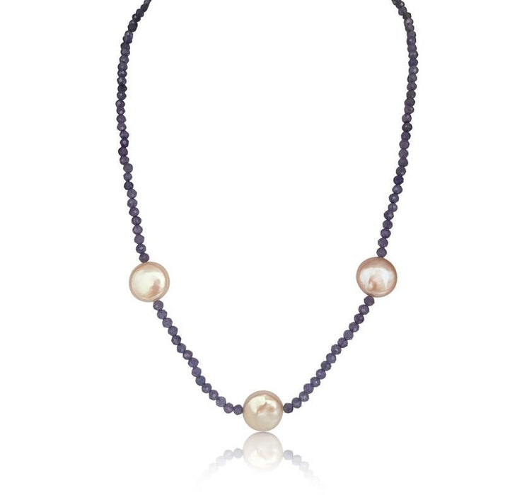 Collar de Tanzanita de 3 mm redonda tallada con Perlas Cultivadas, Cierre de Oro 18K - MIMUKA