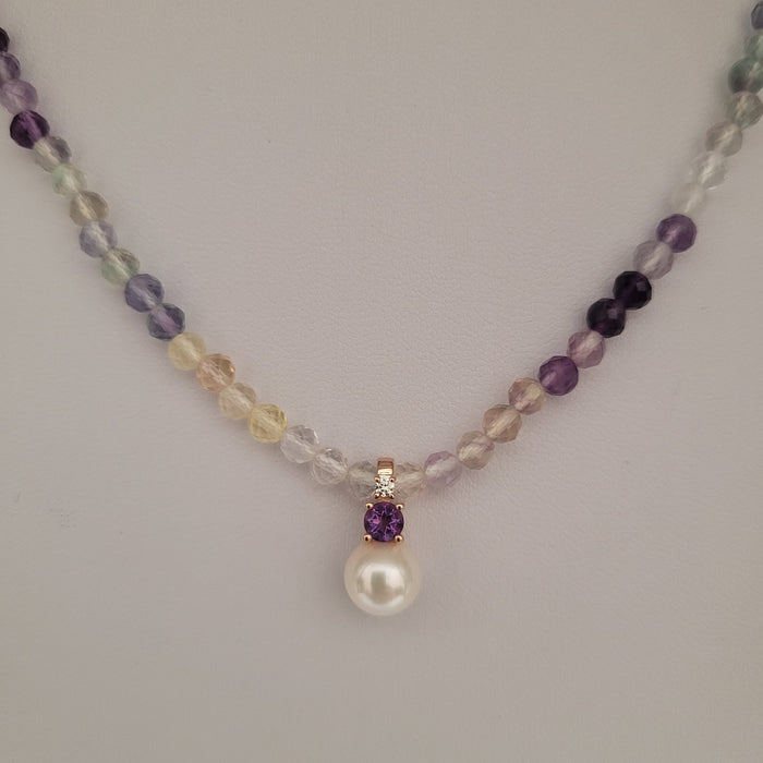 Collar Fluorita, Perla Cultivada, Amatista y Diamante, Oro 18K - MIMUKA