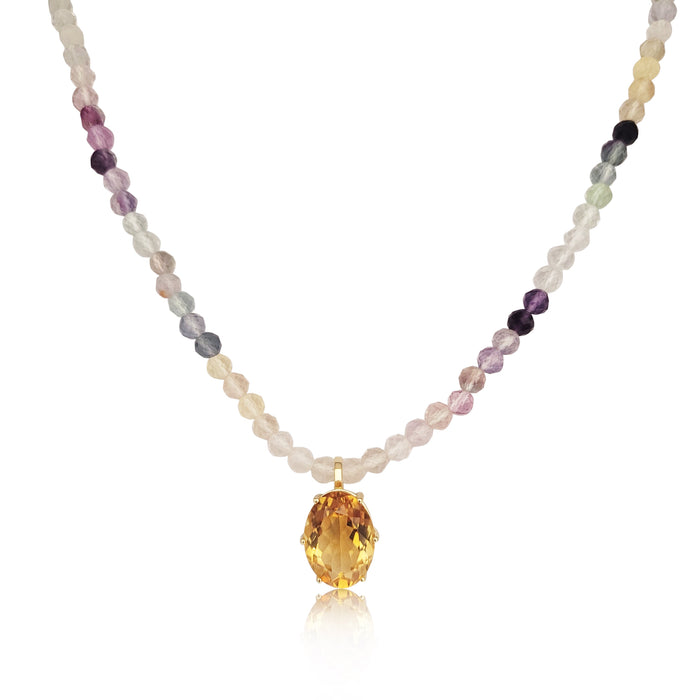 Collar Fluorita y Colgante Piedra Preciosa Citrino 12 x 8 en Oro 18K - MIMUKA