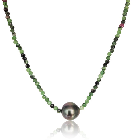 Collar Perla de Tahiti 11 mm y Epidote Piedras Preciosas con Cierre Oro 18K - MIMUKA