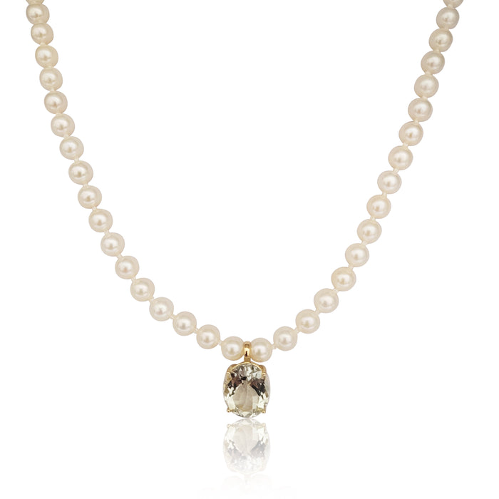 Collar Perlas Cultivadas y Colgante Piedra Preciosa Amatista Verde Oval 12 x 8 mm - MIMUKA