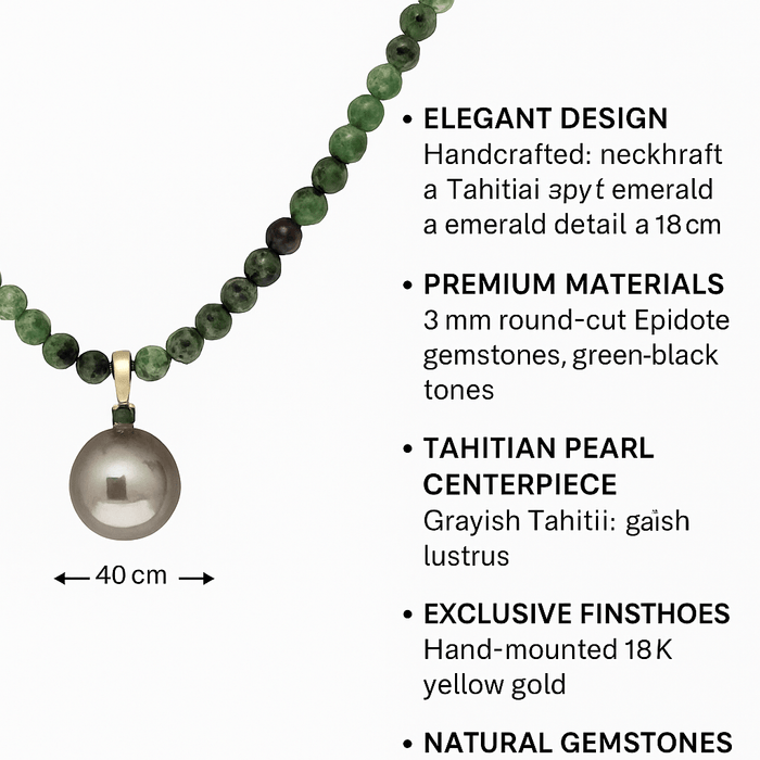 Elegant Tahitian Pearl and Epidote Necklace with Emerald Detail and 18K Yellow Gold – Handcrafted Jewelry - MIMUKA