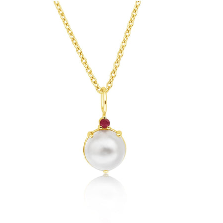 Pendant Necklace Cultured Pearl, Rubi Precious Stone, 18K Yellow Gold - MIMUKA